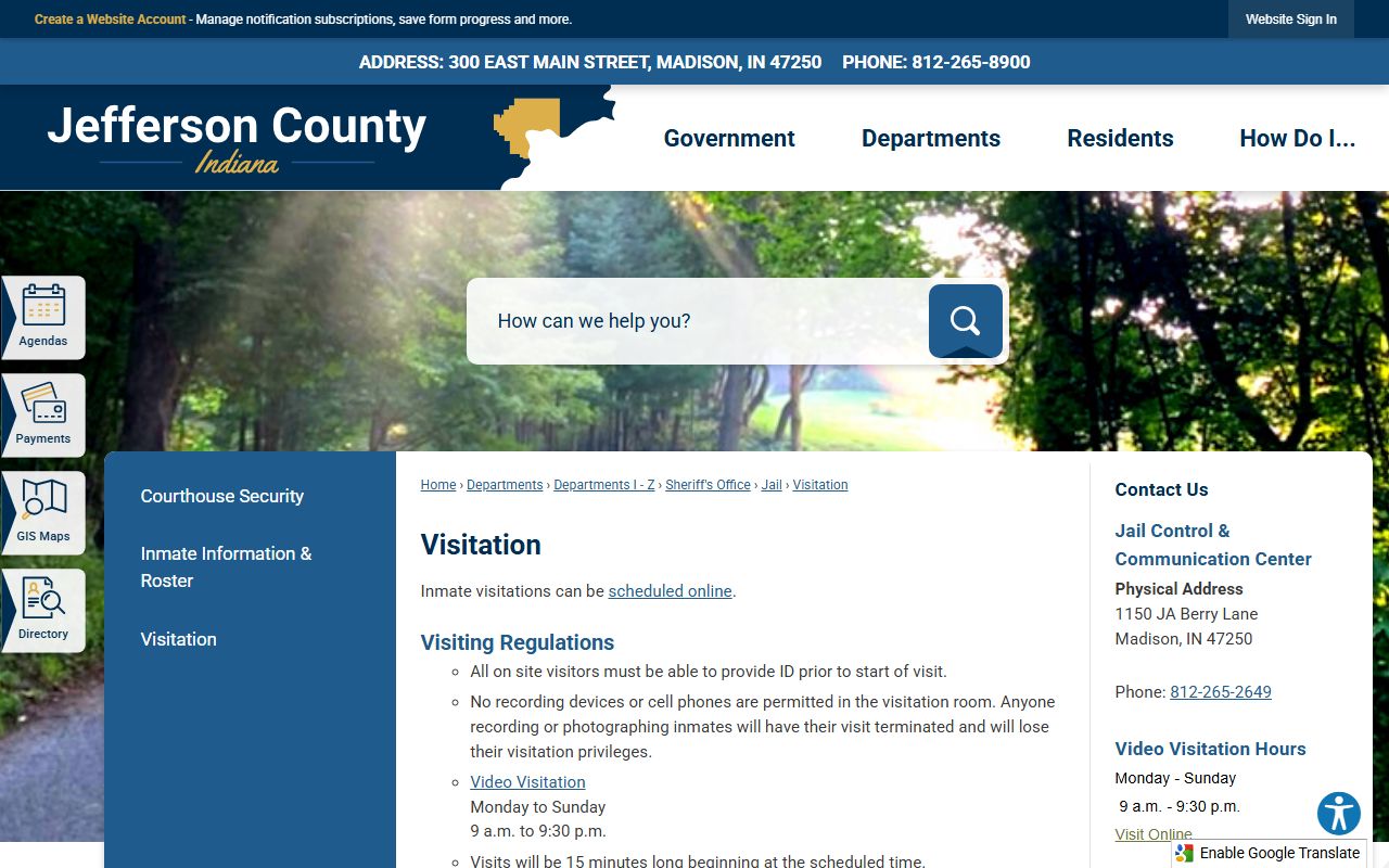 Jefferson County Jail visitation rules and video visit hours